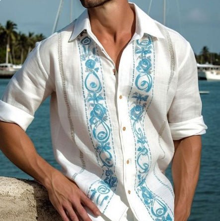 Fashion Print Long Sleeve Shirt Men Casual Loose Button Lapel Tops Seaside Cool Beach Shirt - PratSN