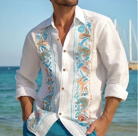 Fashion Print Long Sleeve Shirt Men Casual Loose Button Lapel Tops Seaside Cool Beach Shirt - PratSN