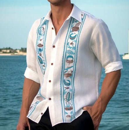Fashion Print Long Sleeve Shirt Men Casual Loose Button Lapel Tops Seaside Cool Beach Shirt - PratSN