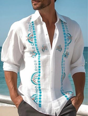 Fashion Print Long Sleeve Shirt Men Casual Loose Button Lapel Tops Seaside Cool Beach Shirt - PratSN