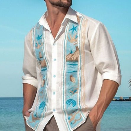Fashion Print Long Sleeve Shirt Men Casual Loose Button Lapel Tops Seaside Cool Beach Shirt - PratSN