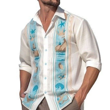 Fashion Print Long Sleeve Shirt Men Casual Loose Button Lapel Tops Seaside Cool Beach Shirt - PratSN