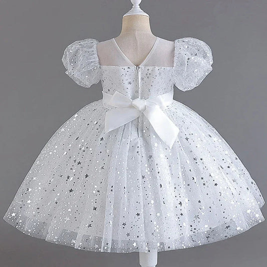 Fashion Solid Color Girls Sequin Dress Lace Mesh Short Sleeve Kids Girl Evening Gown Summer Girls Party Dresses 4 - 10 Years - PratSN