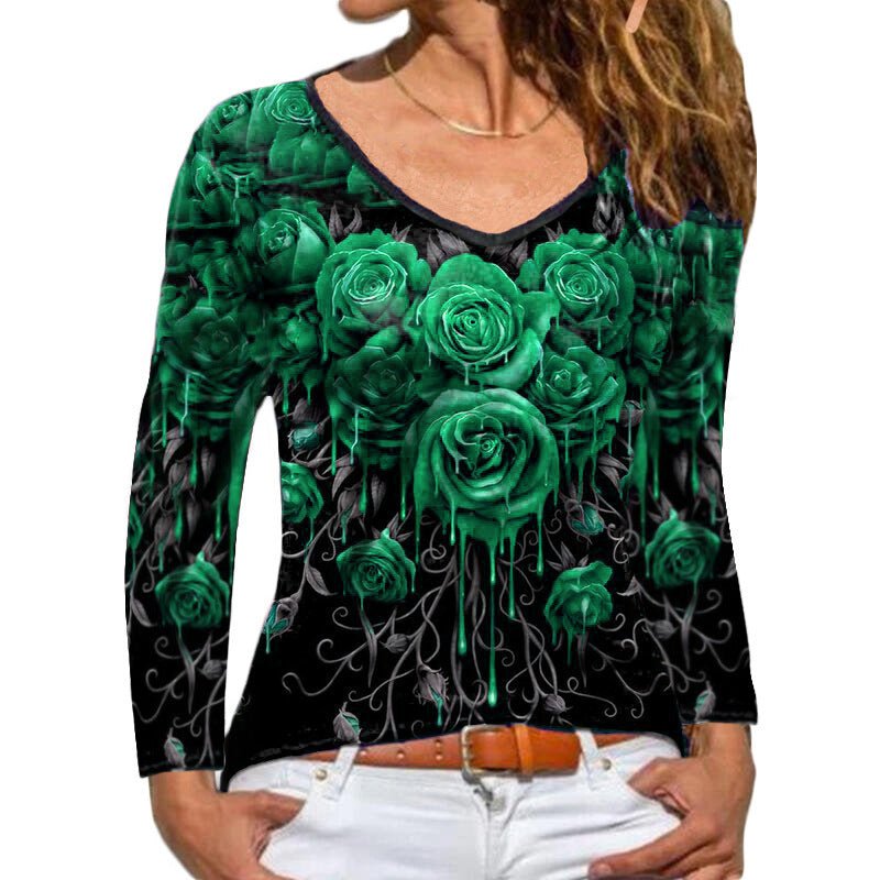 Fashion Women's Long - sleeved Rose Print T-shirt - PratSN