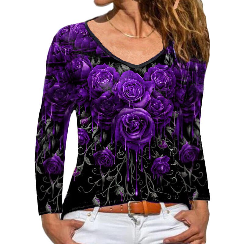 Fashion Women's Long - sleeved Rose Print T-shirt - PratSN