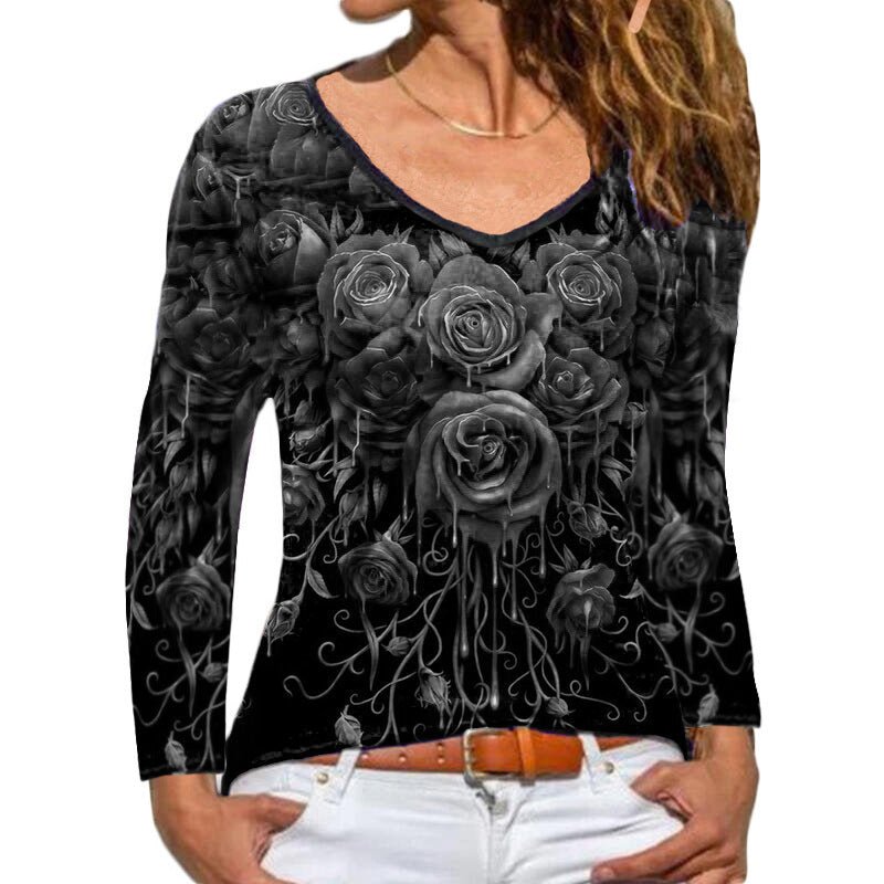 Fashion Women's Long - sleeved Rose Print T-shirt - PratSN