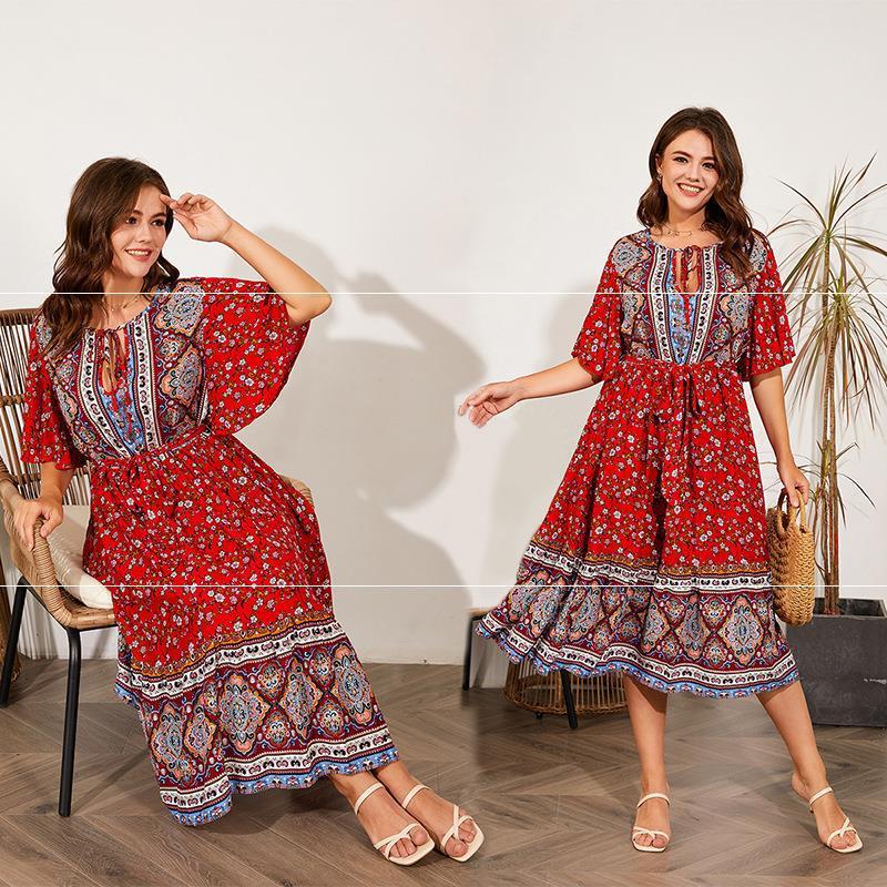 Fat Women Dresses Summer V Neck Print Beach Dress - PratSN