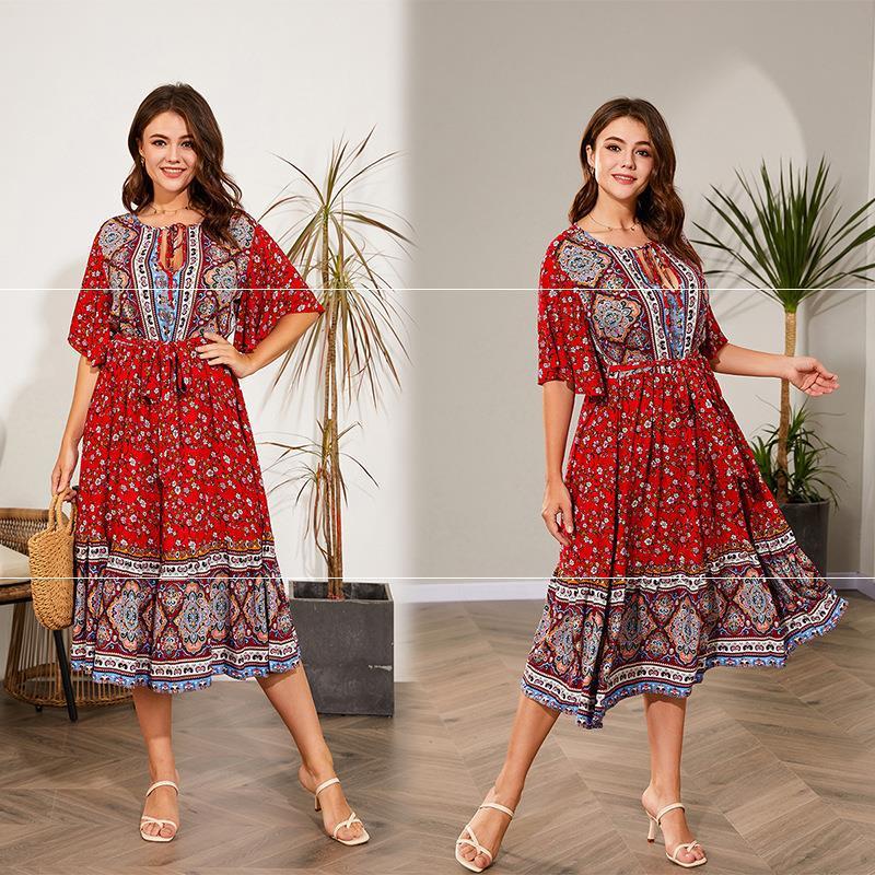 Fat Women Dresses Summer V Neck Print Beach Dress - PratSN