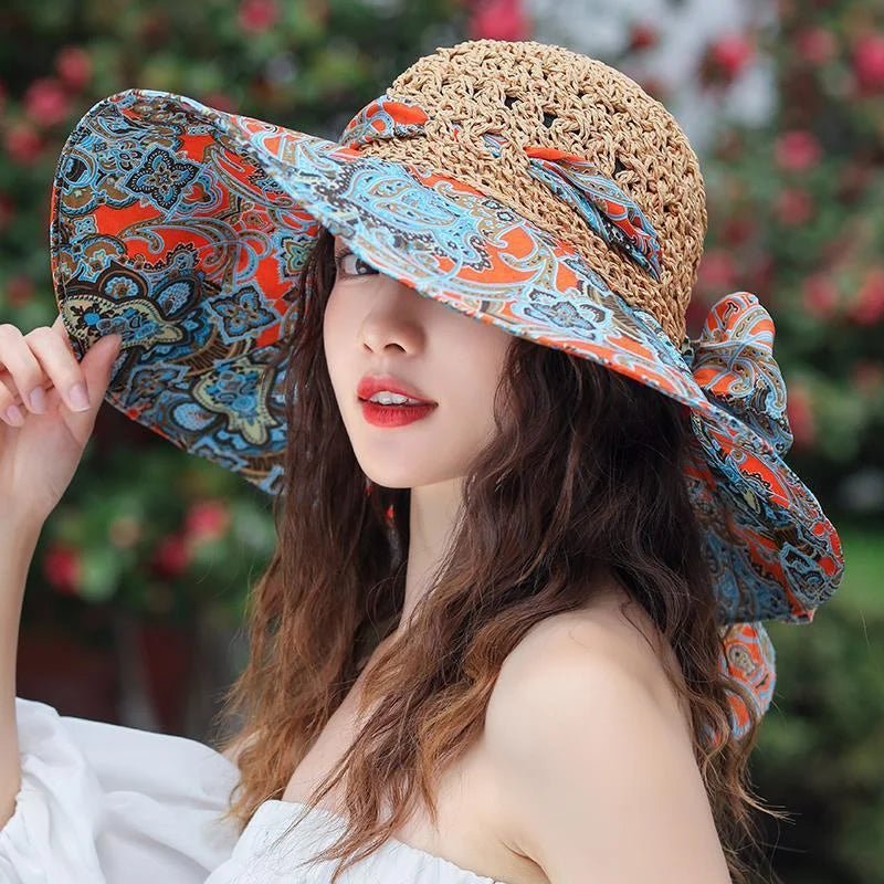 Floppy Wide Brim Sun Hat Ladies Beach Straw Fedora Summer Foldable Straw Hat Sun Hat Beach Foldable Sunscreen Floral Print Cap - PratSN