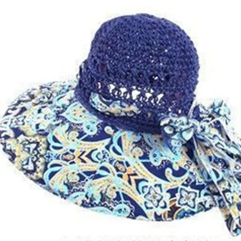 Floppy Wide Brim Sun Hat Ladies Beach Straw Fedora Summer Foldable Straw Hat Sun Hat Beach Foldable Sunscreen Floral Print Cap - PratSN