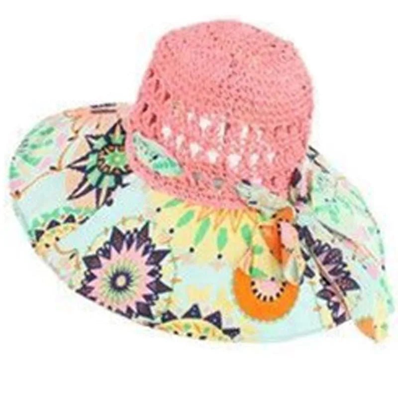 Floppy Wide Brim Sun Hat Ladies Beach Straw Fedora Summer Foldable Straw Hat Sun Hat Beach Foldable Sunscreen Floral Print Cap - PratSN