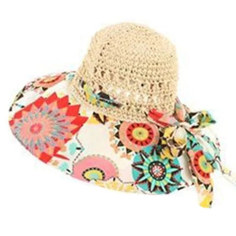 Floppy Wide Brim Sun Hat Ladies Beach Straw Fedora Summer Foldable Straw Hat Sun Hat Beach Foldable Sunscreen Floral Print Cap - PratSN
