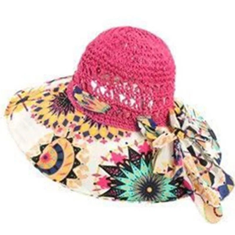 Floppy Wide Brim Sun Hat Ladies Beach Straw Fedora Summer Foldable Straw Hat Sun Hat Beach Foldable Sunscreen Floral Print Cap - PratSN