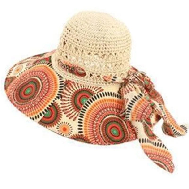 Floppy Wide Brim Sun Hat Ladies Beach Straw Fedora Summer Foldable Straw Hat Sun Hat Beach Foldable Sunscreen Floral Print Cap - PratSN