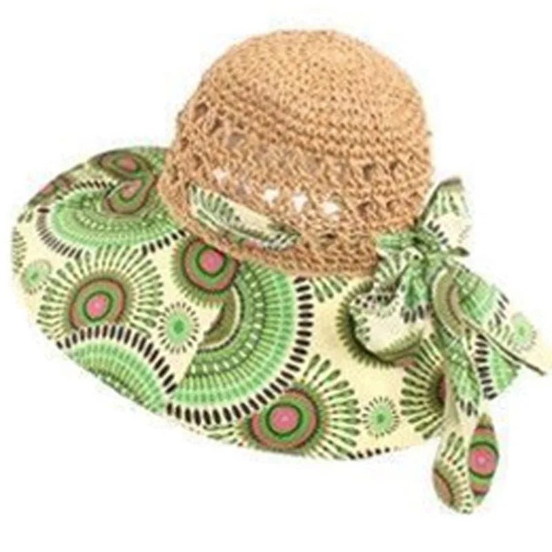 Floppy Wide Brim Sun Hat Ladies Beach Straw Fedora Summer Foldable Straw Hat Sun Hat Beach Foldable Sunscreen Floral Print Cap - PratSN