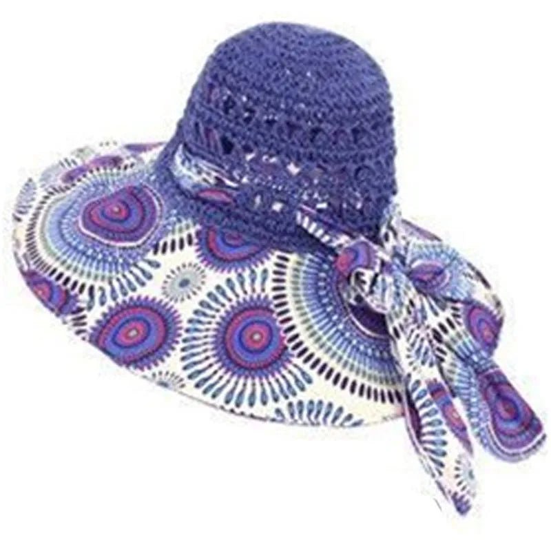 Floppy Wide Brim Sun Hat Ladies Beach Straw Fedora Summer Foldable Straw Hat Sun Hat Beach Foldable Sunscreen Floral Print Cap - PratSN