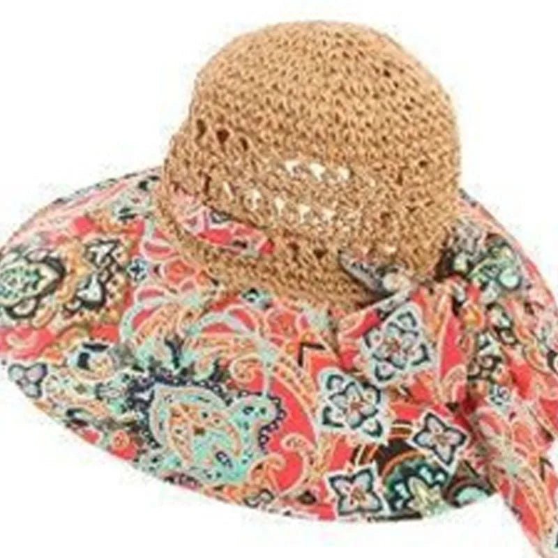 Floppy Wide Brim Sun Hat Ladies Beach Straw Fedora Summer Foldable Straw Hat Sun Hat Beach Foldable Sunscreen Floral Print Cap - PratSN