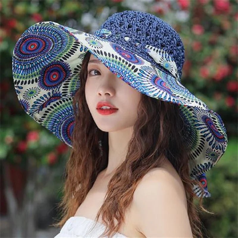 Floppy Wide Brim Sun Hat Ladies Beach Straw Fedora Summer Foldable Straw Hat Sun Hat Beach Foldable Sunscreen Floral Print Cap - PratSN