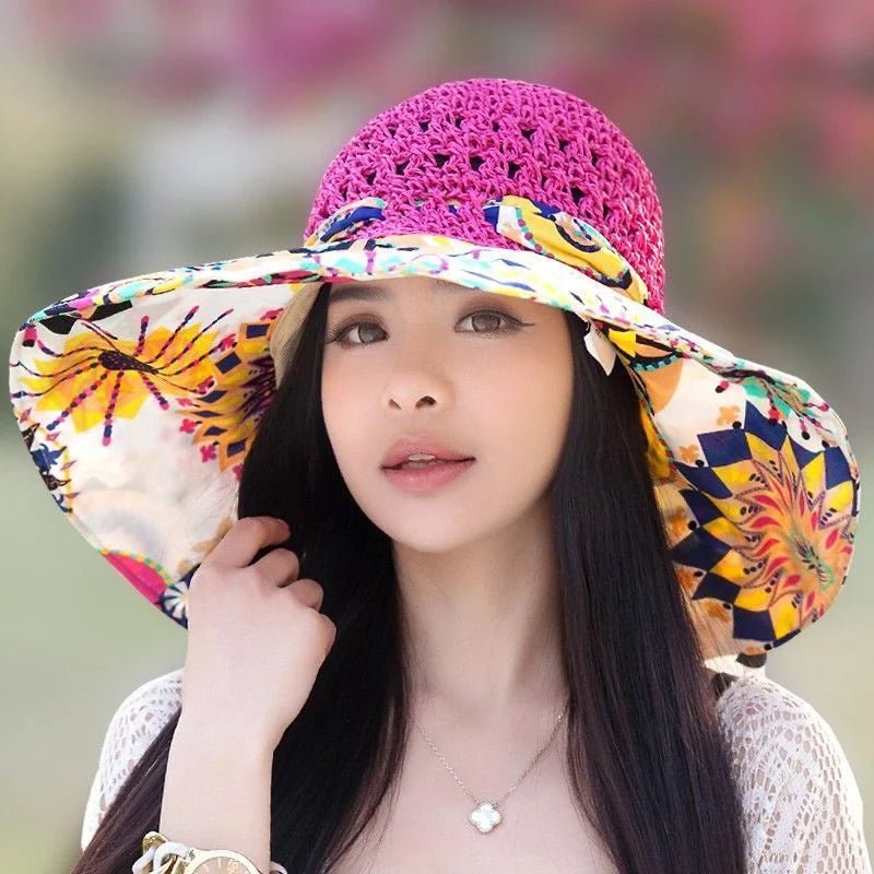 Floppy Wide Brim Sun Hat Ladies Beach Straw Fedora Summer Foldable Straw Hat Sun Hat Beach Foldable Sunscreen Floral Print Cap - PratSN