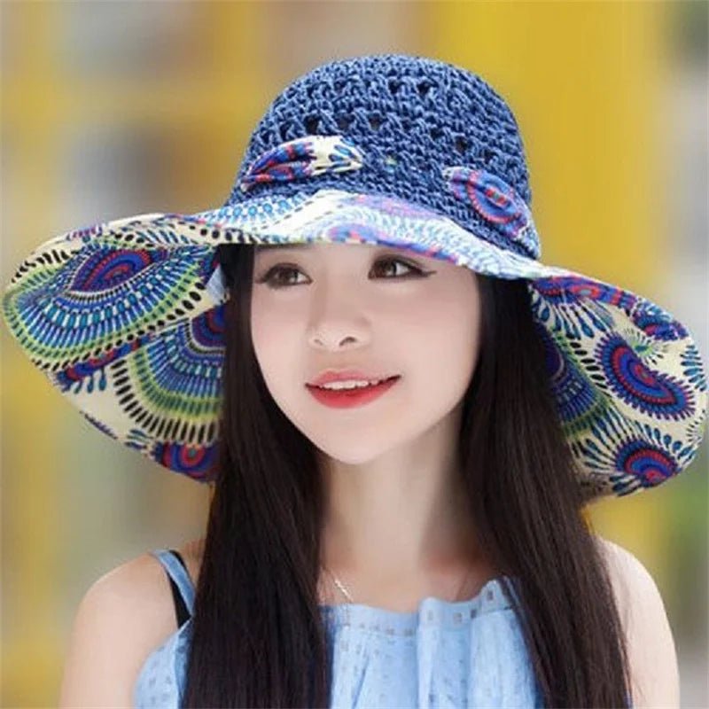 Floppy Wide Brim Sun Hat Ladies Beach Straw Fedora Summer Foldable Straw Hat Sun Hat Beach Foldable Sunscreen Floral Print Cap - PratSN
