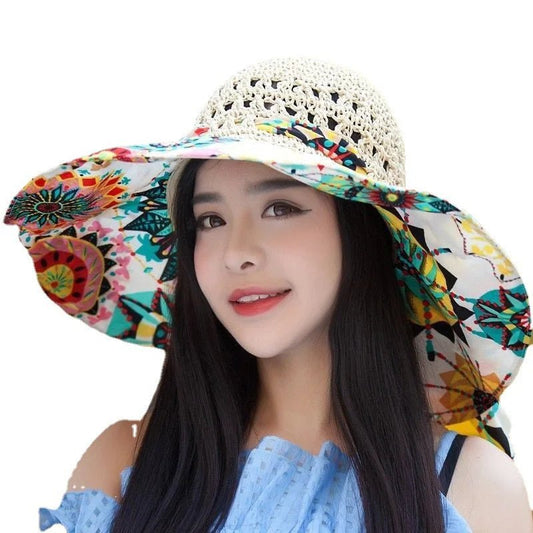 Floppy Wide Brim Sun Hat Ladies Beach Straw Fedora Summer Foldable Straw Hat Sun Hat Beach Foldable Sunscreen Floral Print Cap - PratSN