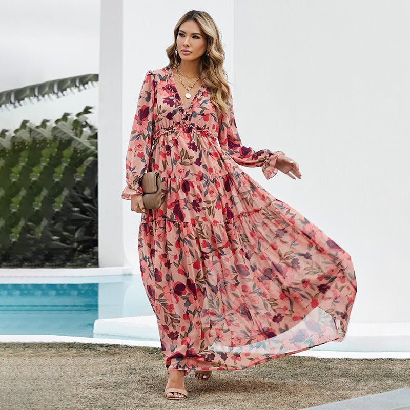 Floral Floral Dress Women Deep V - neck Ruffled Puff Sleeve Skirt - PratSN