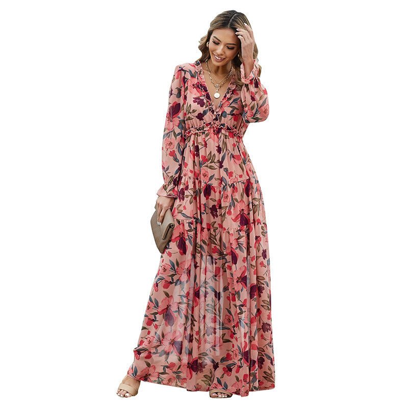 Floral Floral Dress Women Deep V - neck Ruffled Puff Sleeve Skirt - PratSN