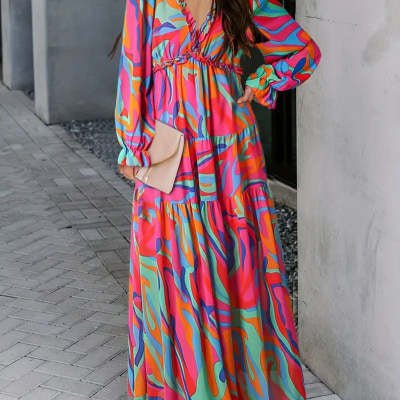 Floral Floral Dress Women Deep V - neck Ruffled Puff Sleeve Skirt - PratSN