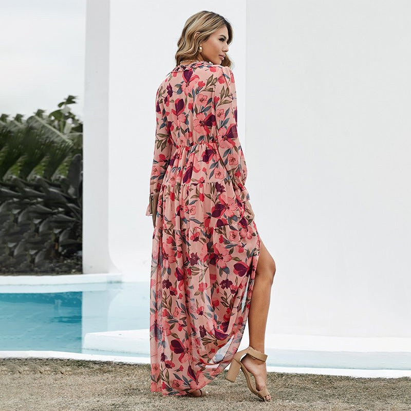 Floral Floral Dress Women Deep V - neck Ruffled Puff Sleeve Skirt - PratSN