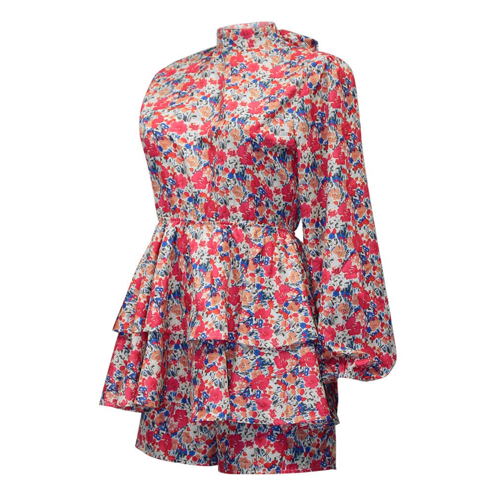 Floral Long Sleeve Ruffle Open Back Casual Dress - PratSN