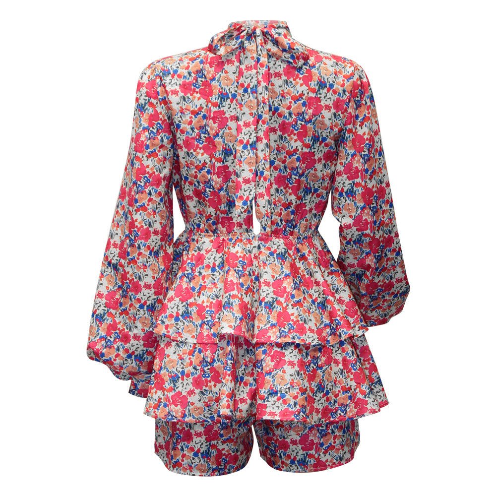 Floral Long Sleeve Ruffle Open Back Casual Dress - PratSN