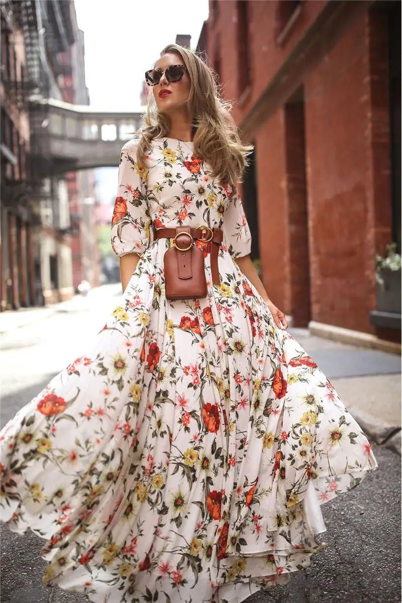 Floral Maxi Summer Beach Par Evening round Ne mid Waist Long Skirt Seven Printed - PratSN