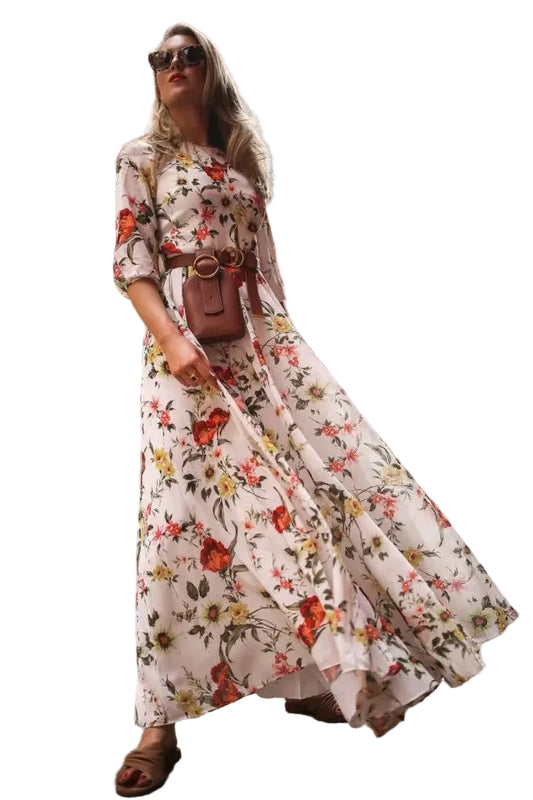 Floral Maxi Summer Beach Par Evening round Ne mid Waist Long Skirt Seven Printed - PratSN