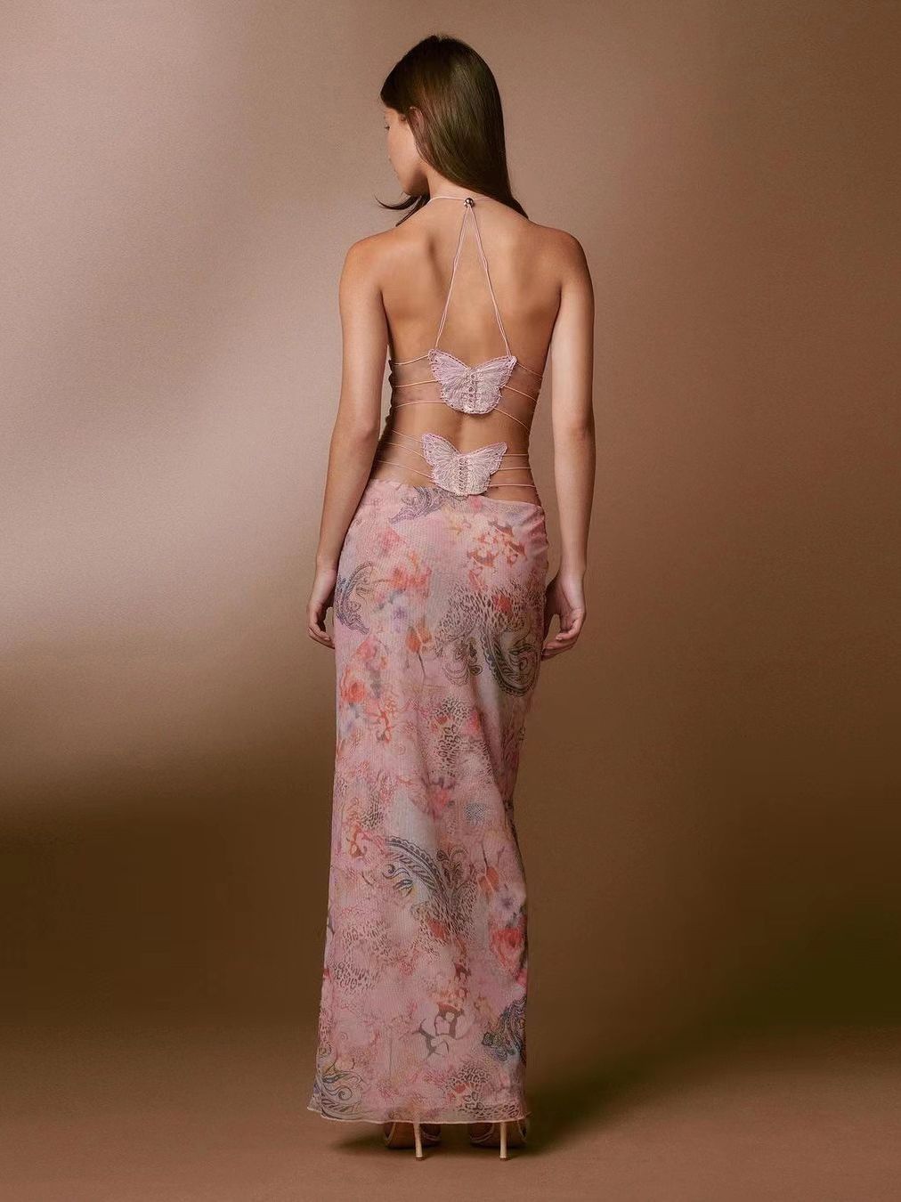Floral Print Halter Spaghetti Straps Dress Sexy Slim Butterfly Back Dressess Spring Summer Womens Clothing - PratSN