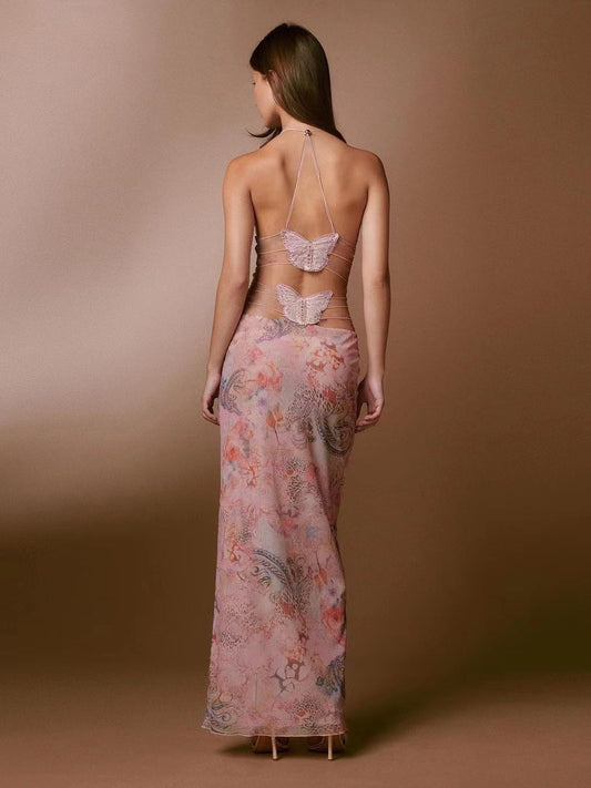 Floral Print Halter Spaghetti Straps Dress Sexy Slim Butterfly Back Dressess Spring Summer Womens Clothing - PratSN