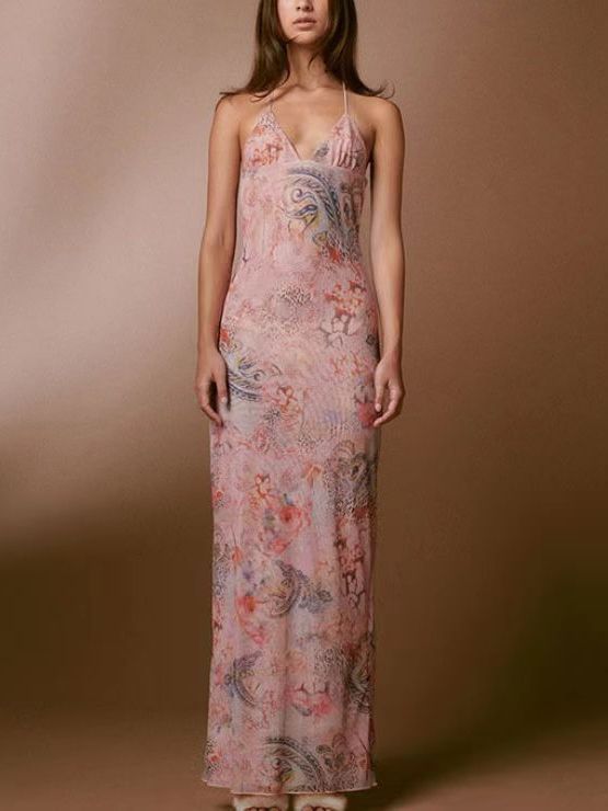 Floral Print Halter Spaghetti Straps Dress Sexy Slim Butterfly Back Dressess Spring Summer Womens Clothing - PratSN
