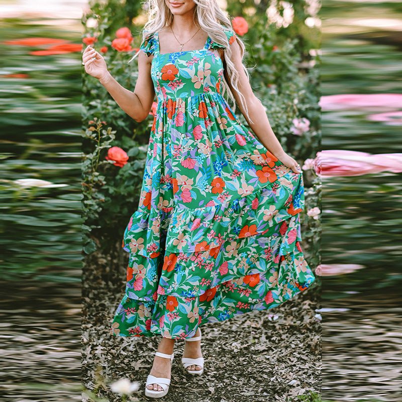 Floral Print High Waist Slimming Ruffled Sleeveless Dress - PratSN