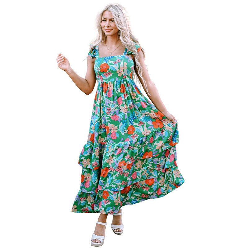 Floral Print High Waist Slimming Ruffled Sleeveless Dress - PratSN