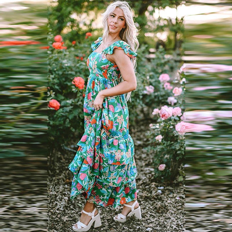 Floral Print High Waist Slimming Ruffled Sleeveless Dress - PratSN