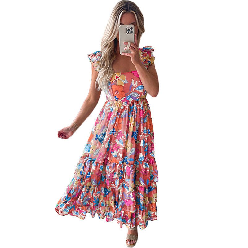 Floral Print High Waist Slimming Ruffled Sleeveless Dress - PratSN