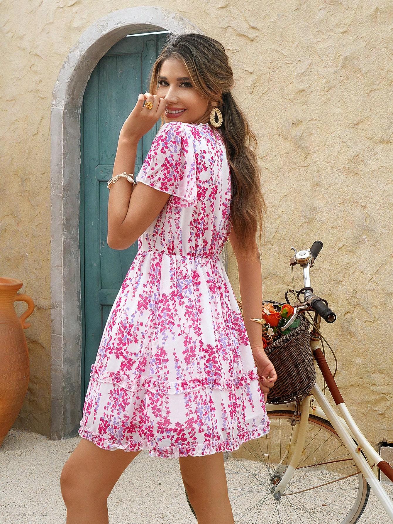 Floral Print Lettuce Trim Dress Vacation Beach Outfits Women - PratSN