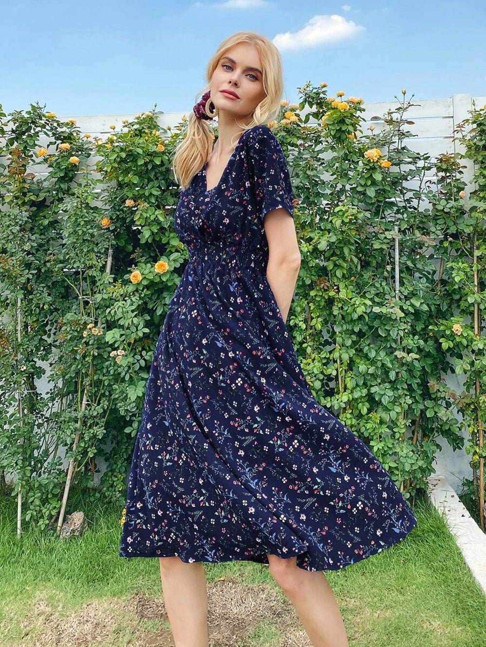Floral Print Short Sleeve Dress - PratSN