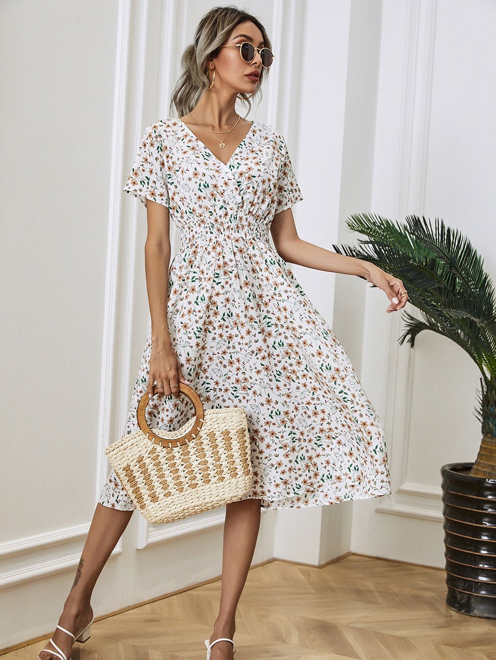 Floral Print Short Sleeve Dress - PratSN