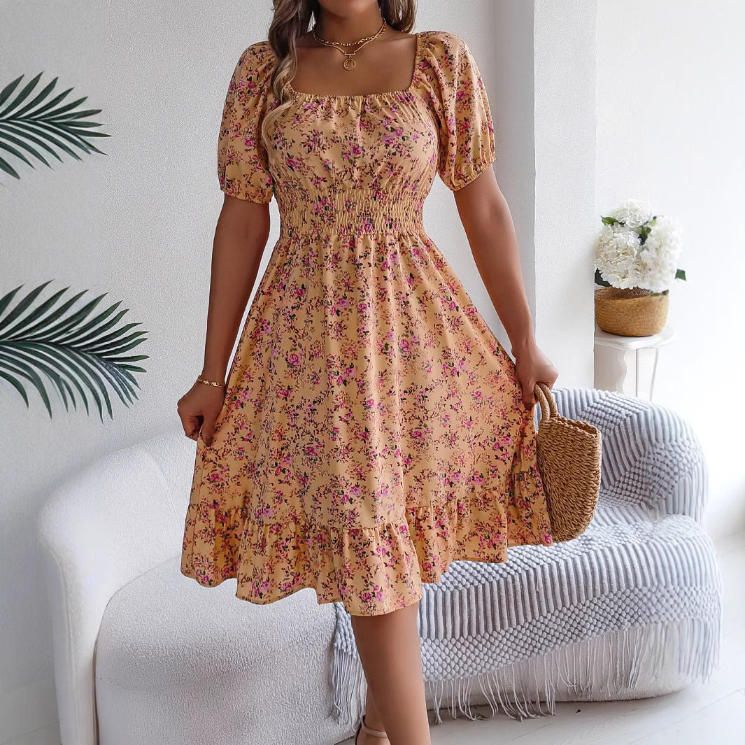 Floral Print Square Collar Dress Summer Fashion Ruffles Dresses Women's Clothing - PratSN