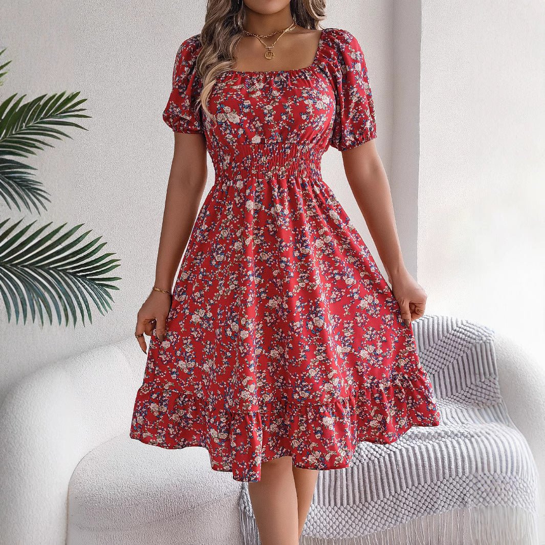 Floral Print Square Collar Dress Summer Fashion Ruffles Dresses Women's Clothing - PratSN