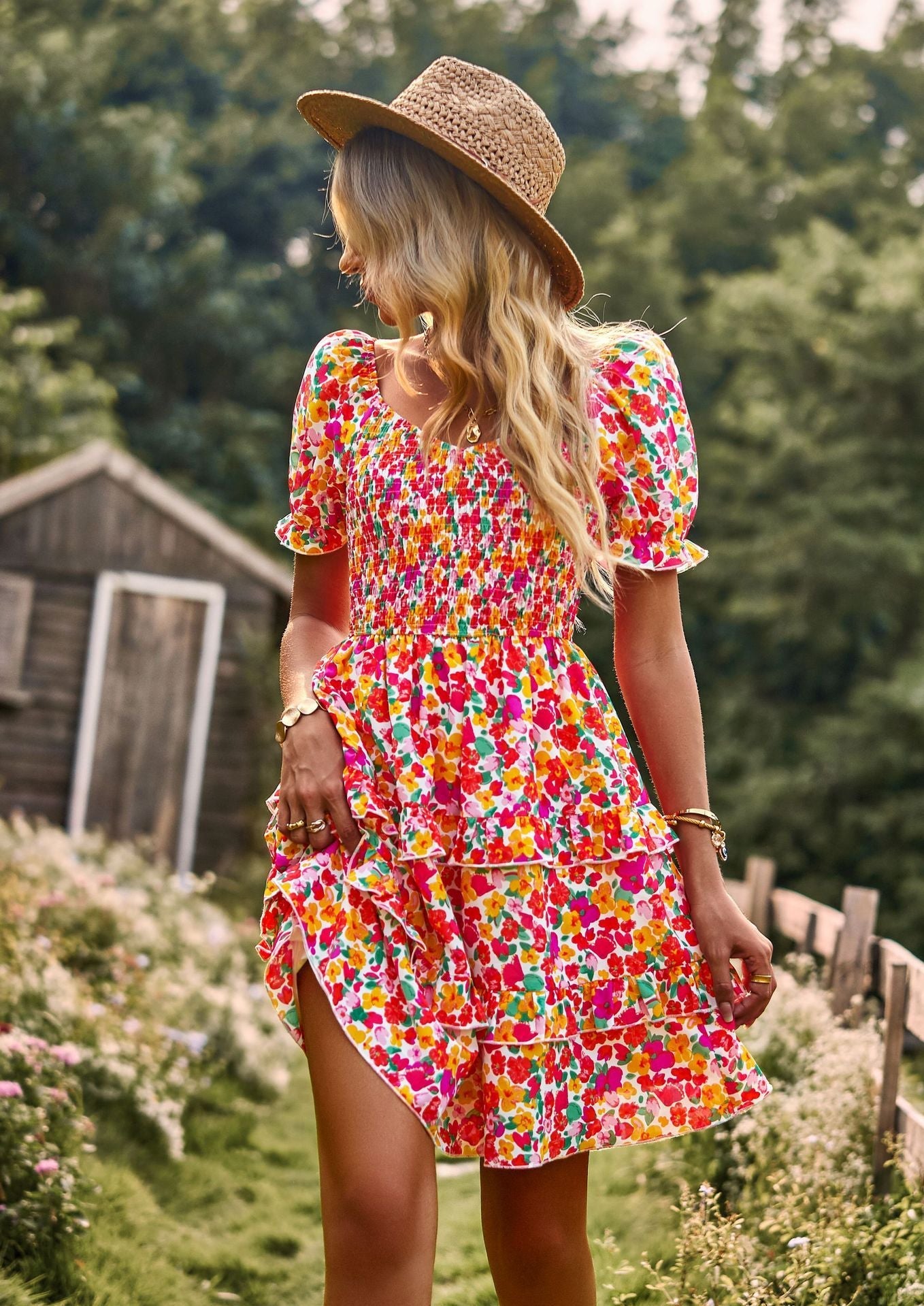 Floral Ruffle Summer Dress Short Sleeve Off Shoulder Mini Dress Beach - PratSN