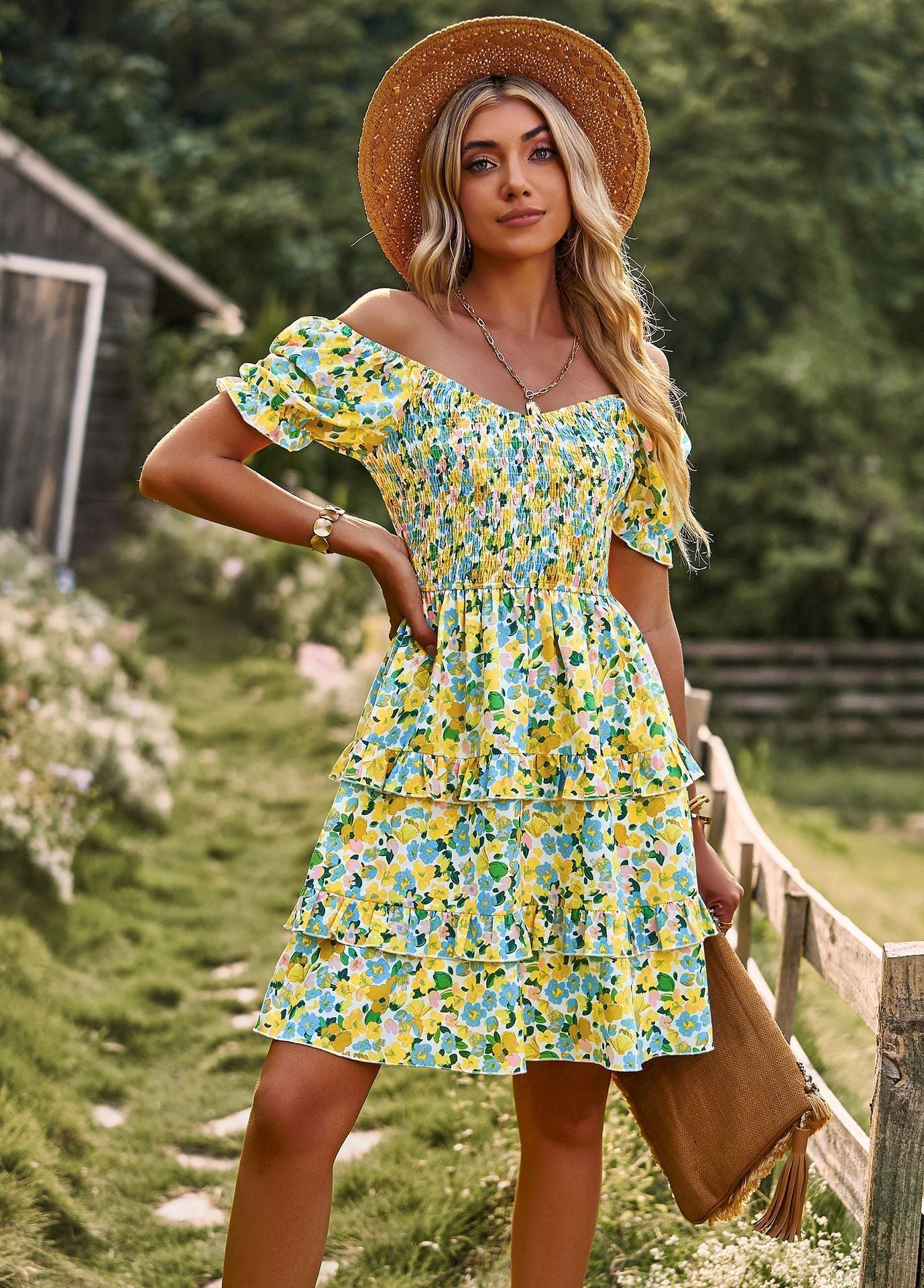 Floral Ruffle Summer Dress Short Sleeve Off Shoulder Mini Dress Beach - PratSN