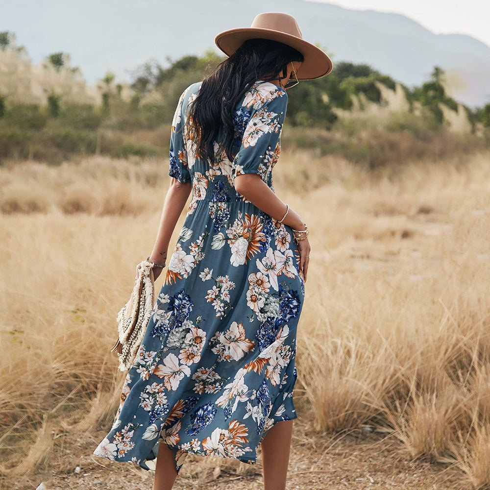 Floral Summer Beach Dress With V Neck Elastic Waist Dresses For Women - PratSN