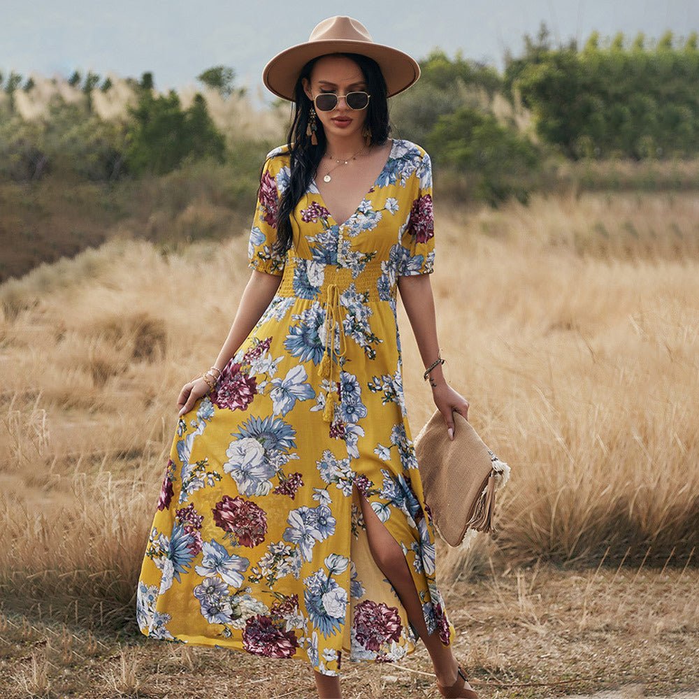 Floral Summer Beach Dress With V Neck Elastic Waist Dresses For Women - PratSN
