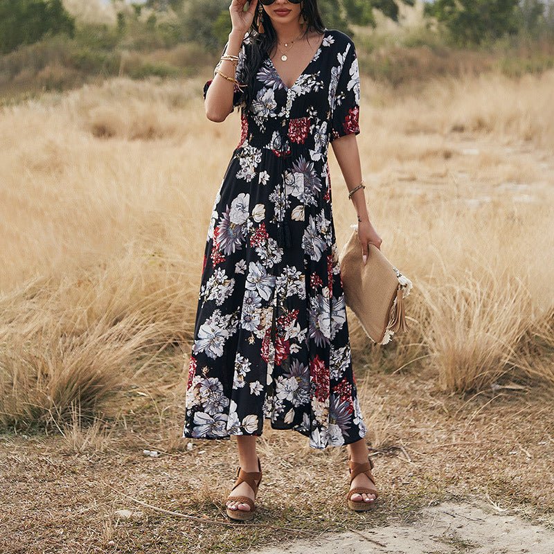Floral Summer Beach Dress With V Neck Elastic Waist Dresses For Women - PratSN